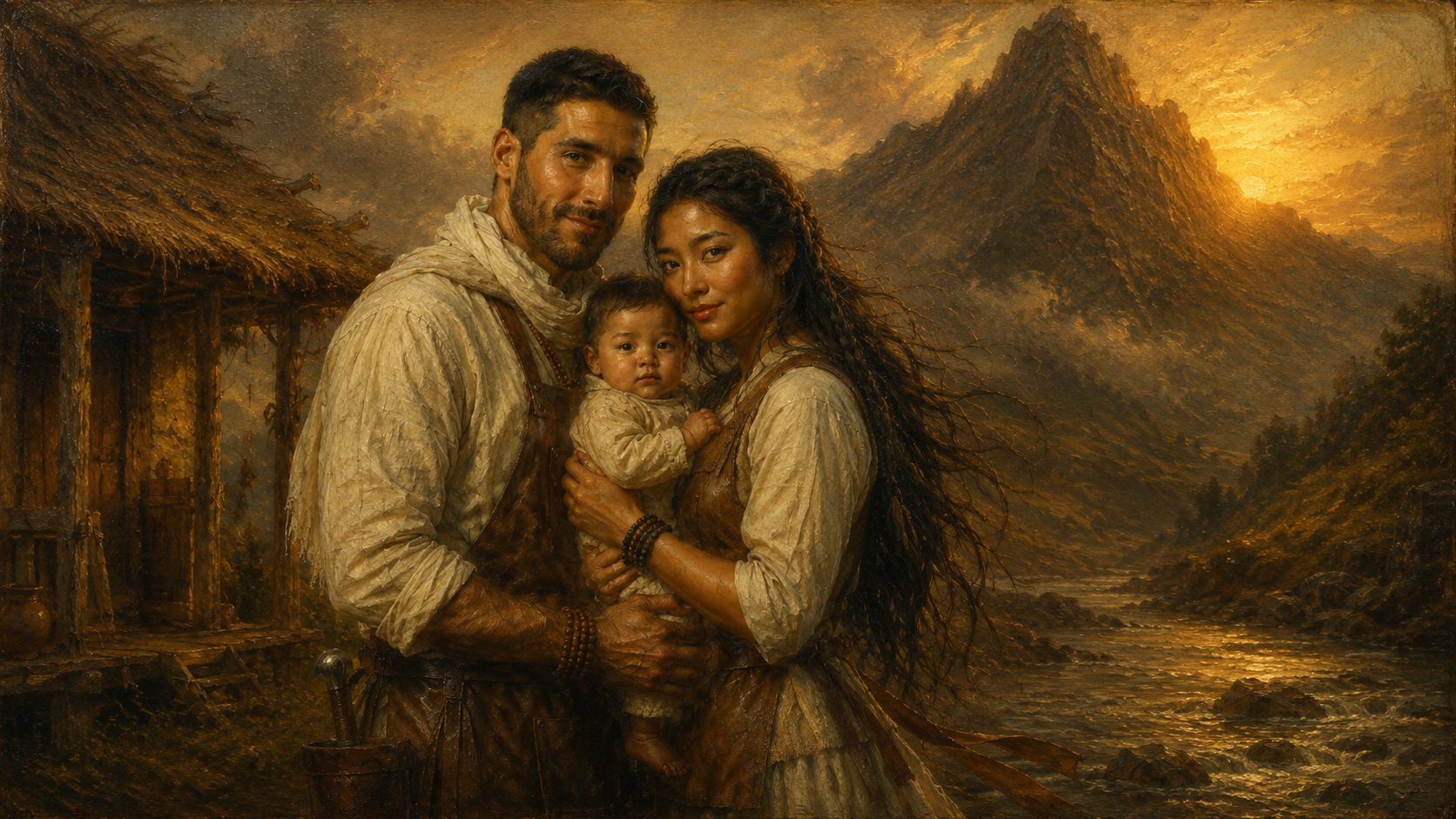 A Nievesian painting of Juancho, Cecilia, and their newborn baby