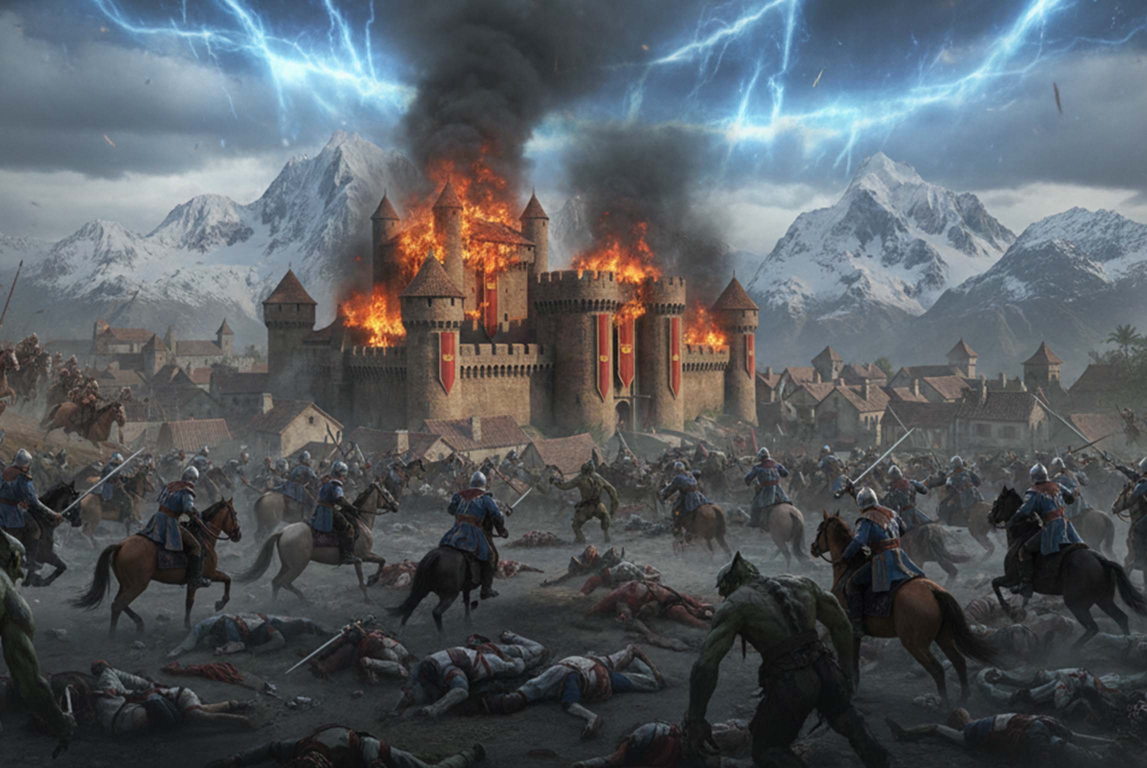 The Battle of Erodas showing armies clashing before a burning castle