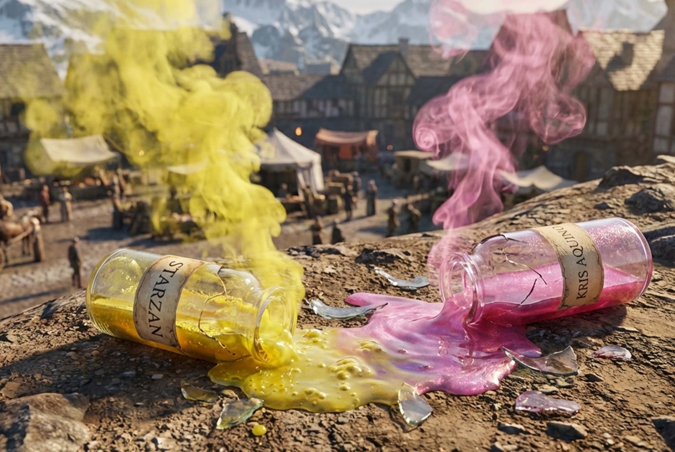 Broken magical bottles releasing yellow and pink smoke during the cursing of Pabs and Roma