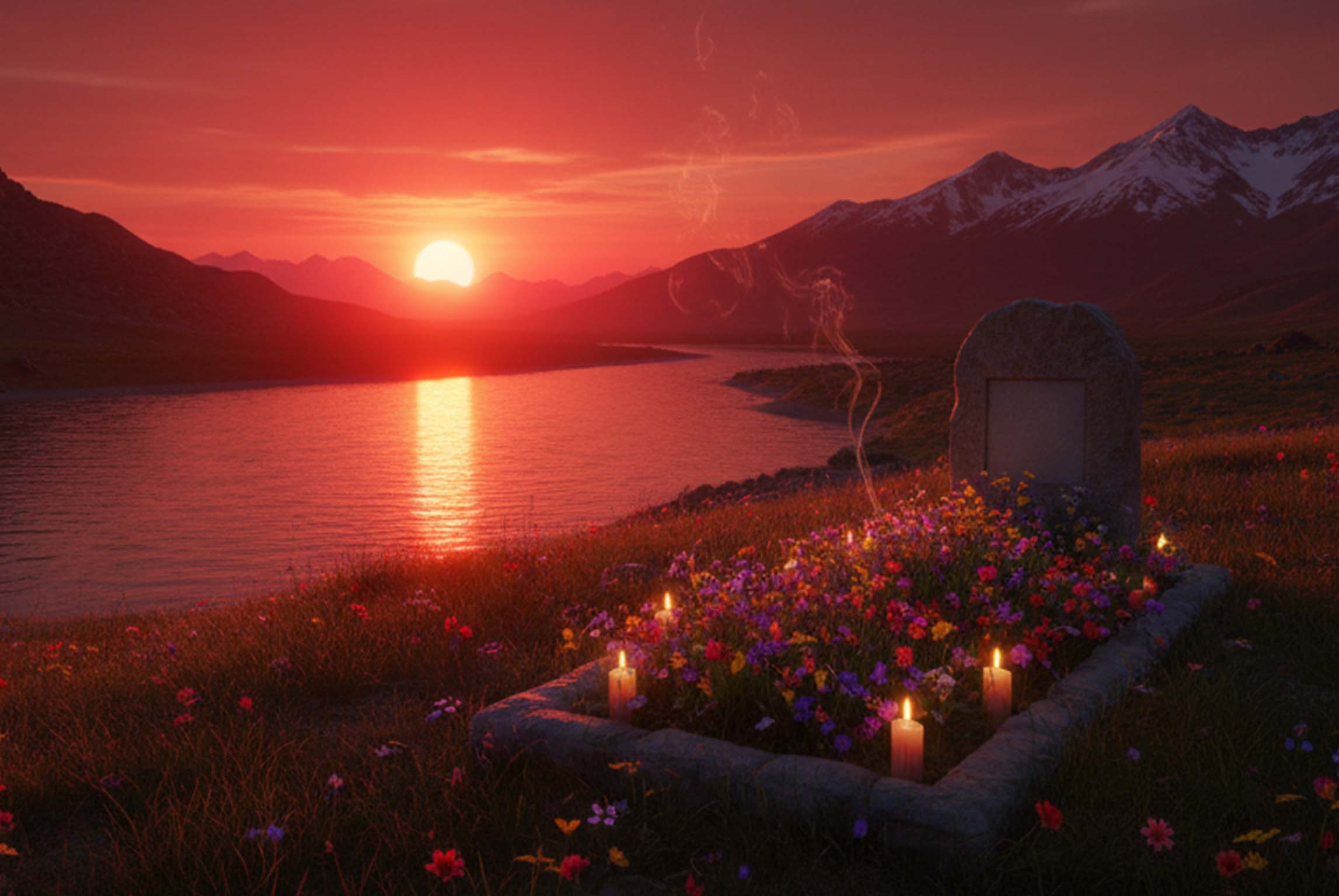 The flower-covered unmarked grave beside Ilog Flumen at sunset