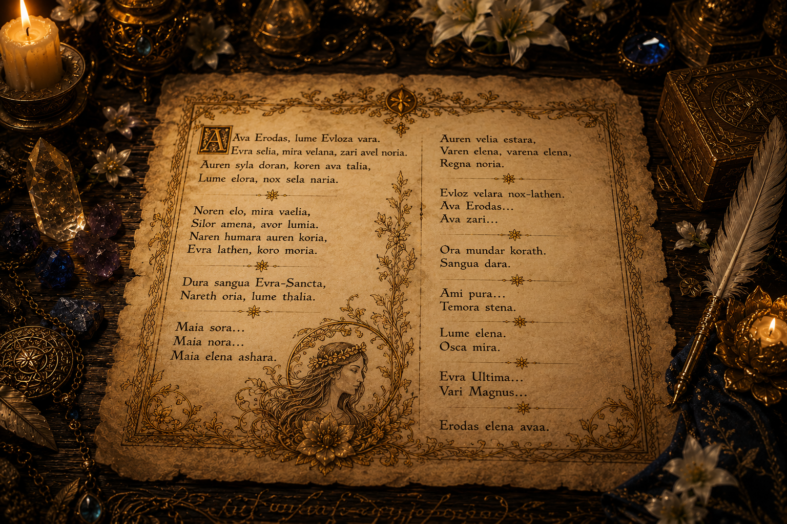 An illuminated manuscript of The Ballad of Maia written in High Evlozi